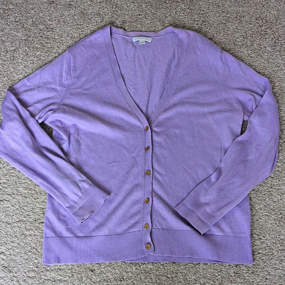 New York & Company Women's Purple Knit Cardigan Sweater XL Solid V-Neck Buttons
